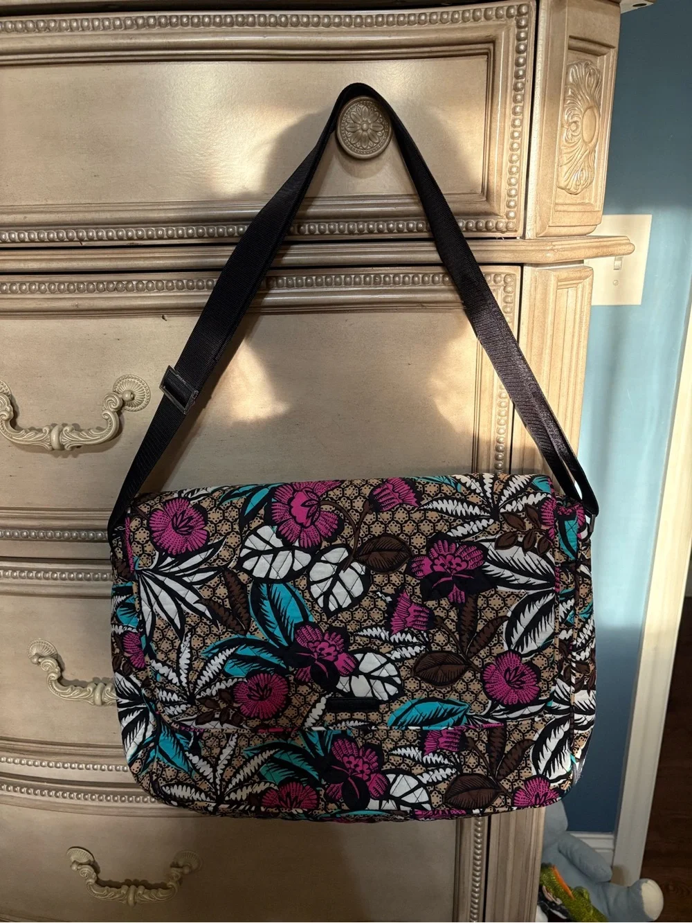Vera Bradley Floral Laptop Crossbody in Teal, Pink & Brown